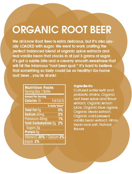 Organic Root Beer - We all know Root Beer is extra delicious, but it’s also usually LOADED with sugar. .We went to work crafting the perfect balanced blend of organic spice extracts and real vanilla bean that clocks in at just 3 grams of sugar. It’s got a subtle bite and a creamy smooth sweetness that will hit the infamous “root beer spot”. It’s hard to believe that something so tasty could be so healthy. Go home Root Beer: you’re drunk!